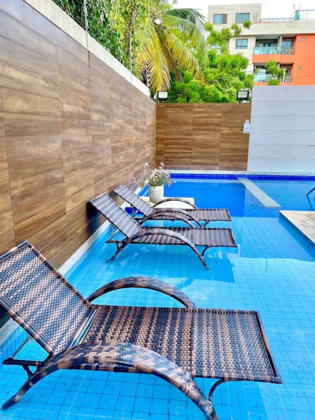 A piscina do condomínio, com espreguiçadeiras